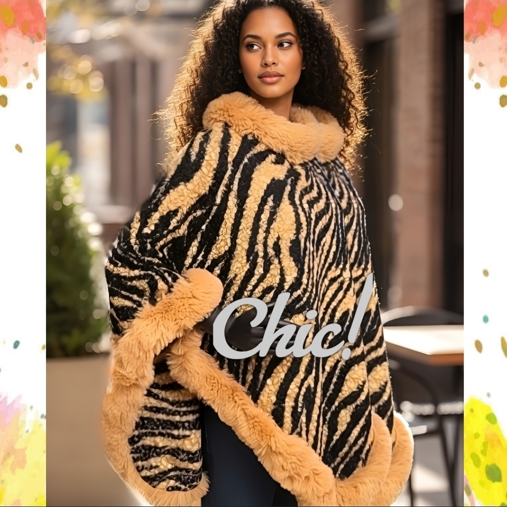 Black & Tan Zebra Pattern Poncho/Cape Pullover with Faux Fur Collar & Trim | NWT